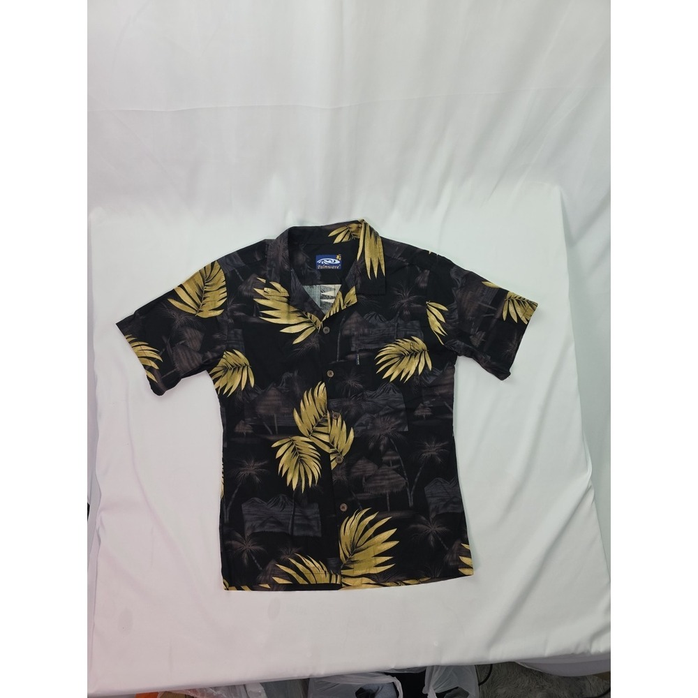 Palmwave Hawaii Mens SS Button Up Hawaiian Shirt Size Large 100% Cotton‎ Black